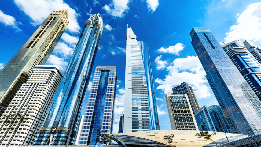 Skyscrapers highrise buildings in Sheikh Zayed Road, Dubai UAE